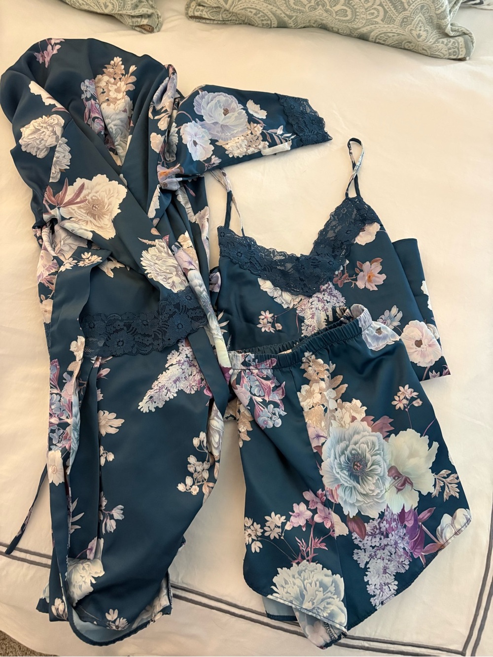 Floral Lace-Trim Satin Robe, Cami & Shorts Set - Dark Teal